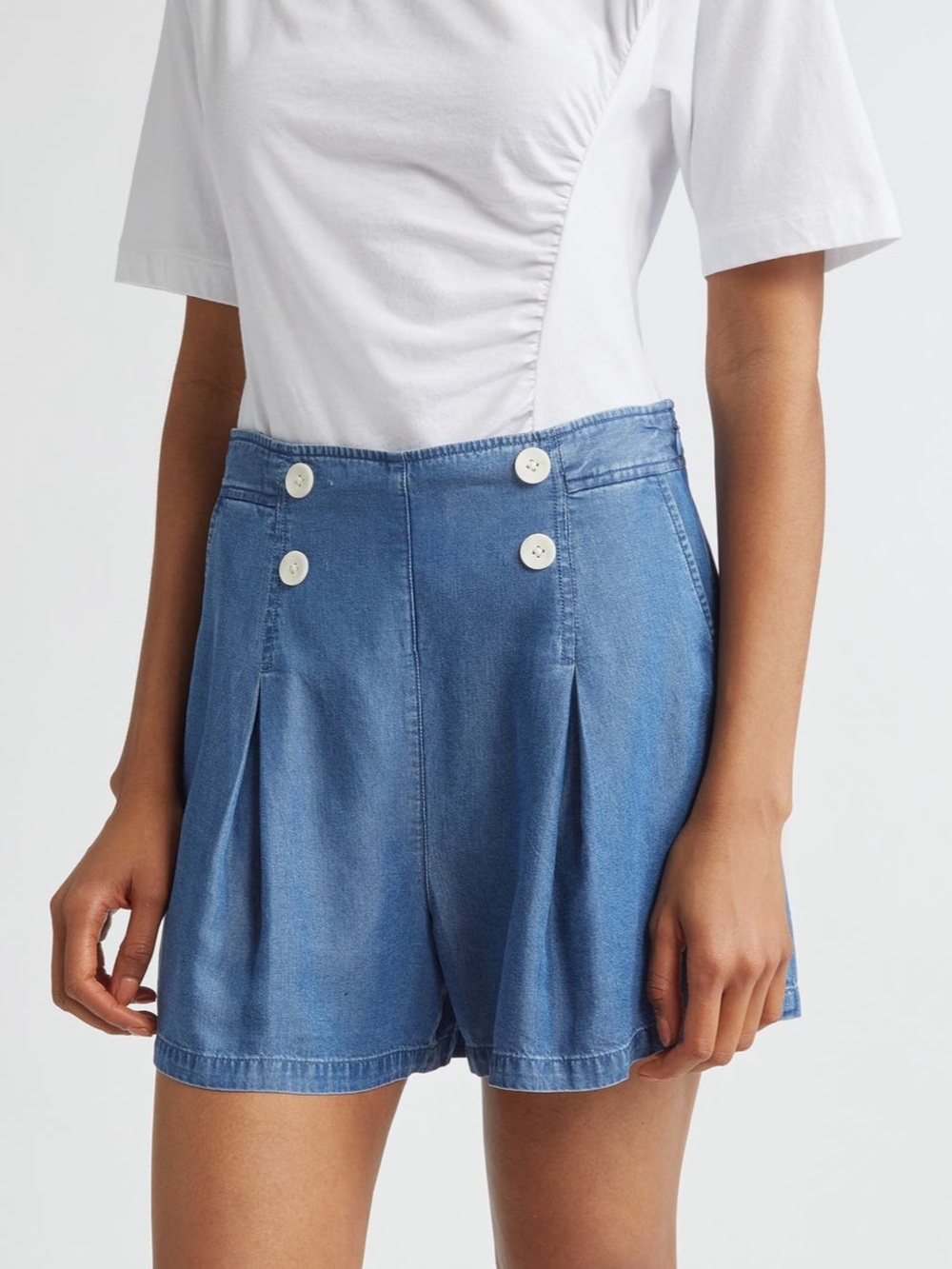 Derek Lam 10 Crosby Blue Tencel Sailor Pleated Shorts White Buttons Size 14⁠